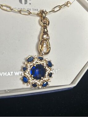 Gold Tone Necklace with Deep Blue Cluster Pendant - September Birthstone!